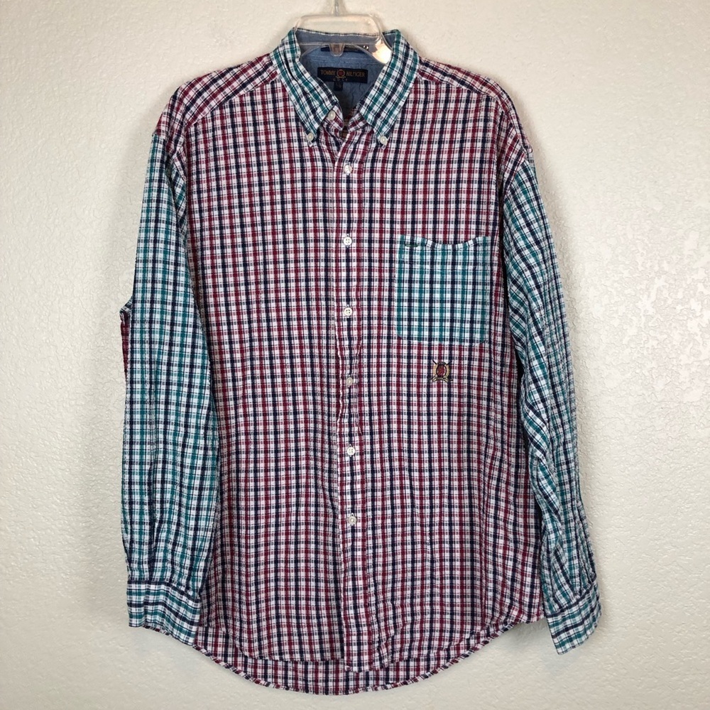 Tommy Hilfiger Vintage Check Long Sleeve Button Down Shirt Color Block Large - Picture 1 of 8